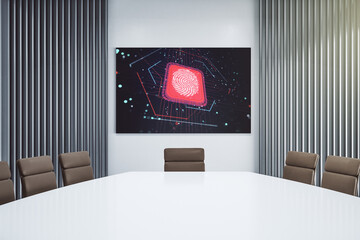 Leinwandbilder - Abstract fingerprint scan interface on presentation monitor in a modern boardroom, digital access concept. 3D Rendering