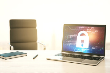 Poster - Modern computer monitor with creative lock hologram and email symbols. Information security concept. 3D Rendering