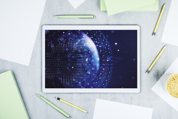 Poster - Modern digital tablet display with abstract creative world map, globalization concept. Top view. 3D Rendering