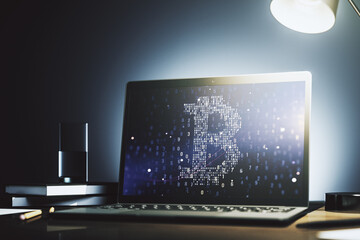 Poster - Modern computer monitor with creative Bitcoin symbol. Cryptocurrency concept. 3D Rendering