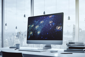 Poster - Modern computer monitor with social network icons concept with world map. Marketing and promotion concept. 3D Rendering