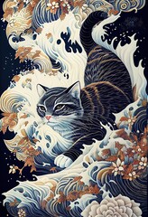 Generative AI illustration of a cat is exploring, Japanese style pattern background, pastel illustration