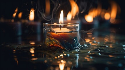 Poster -  a lit candle sitting in a glass filled with water and lit by a single candle on top of a table with many lit candles in the background.  generative ai