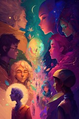 Generative AI illustration of a multiverse of speech, a fantasy world where everyone can talk, colorful, diverse avatars interacting with each other, human rights and women's rights