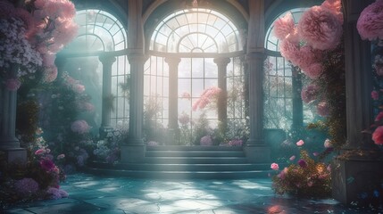 Sticker -  a room filled with lots of flowers next to a large arched window with a view of the outside of the room through the window is a stairway.  generative ai