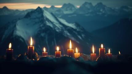 Wall Mural -  a group of lit candles sitting in front of a mountain with snow capped mountains in the background in the evening hours of the day,.  generative ai