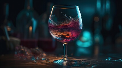  a wine glass with a liquid inside of it on a table next to a bottle of wine and a glass of wine on a table.  generative ai