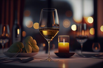 Wall Mural - Generative AI illustration of a restaurant table with a glass of white wine, soft golden light, expensive restaurant with beautiful lights in the background