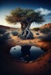 Generative AI illustration of African nature, water, earth, plants, grass, trees, intense look, beautiful
