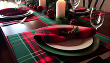 Christmas Decoration - Green Red Plaid Table Runner, Generative AI