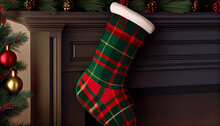 Christmas Decoration - Green Red Plaid Stockings, Generative AI