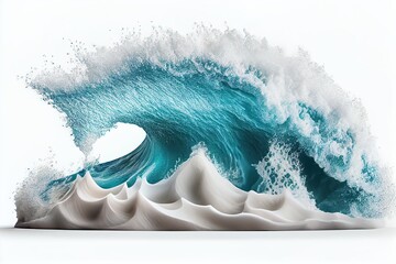 Wall Mural - Generative AI illustration of blue ocean waves with white foam, solid white background