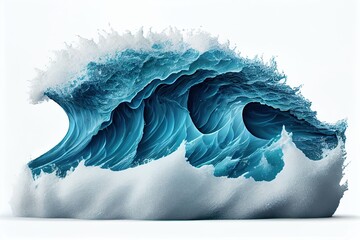 Wall Mural - Generative AI illustration of blue ocean waves with white foam, solid white background