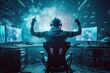 Generative AI illustration of professional eSports gamer rejoices in the victory in cyber game room. Gamer celebrating victory. Winning a game. Electronic sports player rejoices victory