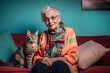 nice grandmother with her cat on a sofa. generative ai