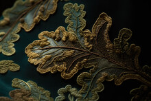 Macro Shot Of An Embroidery Pattern Of Gold And Silver Oak Leaves On A Dark Green Background, Generative AI