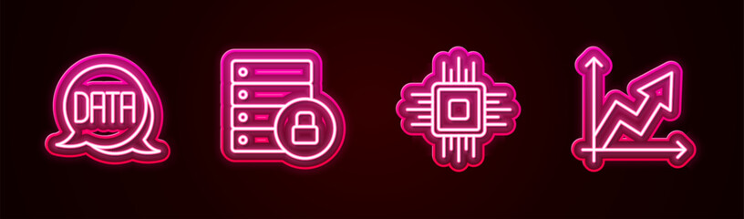 Sticker - Set line Data analysis, Server security with padlock, Processor CPU and Financial growth. Glowing neon icon. Vector