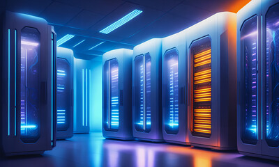 A modern server room with glowing computers. LED strips. Technological curiosity. Generative AI