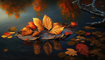 Wall Mural - Leaves float on the lake in the fall Generative AI