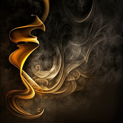 Wall Mural - Flame, gold fire smoke on black background, smoking wave, luxury incense on black. Generative AI