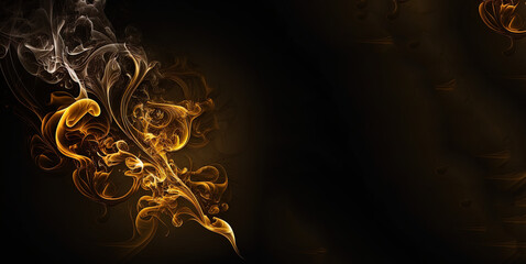 Wall Mural - Smoke fire card, gold fire moking on black background, smoking wave, luxury incense on black. Generative AI