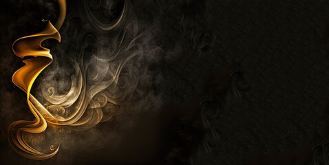 Wall Mural - Smoke fire card, gold fire moking on black background, smoking wave, luxury incense on black. Generative AI