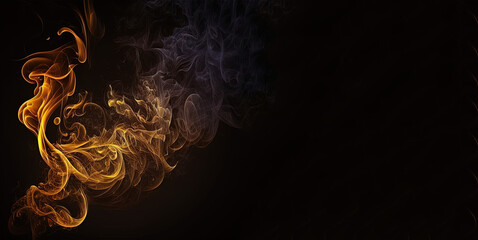 Wall Mural - Smoke fire card, gold fire moking on black background, smoking wave, luxury incense on black. Generative AI
