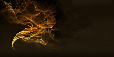 Wall Mural - Smoke fire card, gold fire moking on black background, smoking wave, luxury incense on black. Generative AI