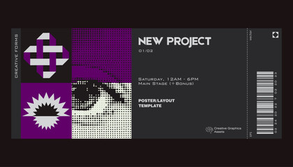 Poster - Modern exhibition ticket template layout made with abstract vector geometric shapes. Brutalism inspired graphics. Great for branding presentation, poster, cover, art, tickets, prints, etc.