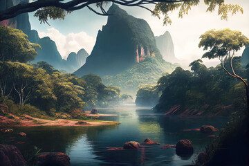 Wall Mural - Brazil landscape with river and mountains. Generative AI Art. Beautiful view.