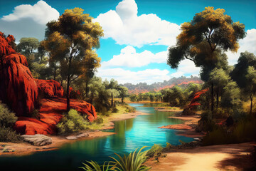 Wall Mural - Brazil landscape with river. . Generative AI Art. Beautiful view.