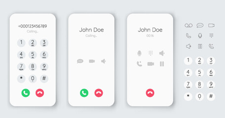 Smartphone dial phone ui set. Phone number pad, call screen with keypad and dial buttons. Mockup incoming call. Vector isolated illustration touchscreen telephone interface