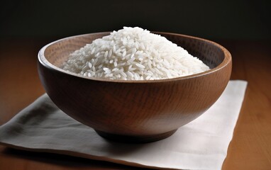 Wall Mural - Bowl of rice on wooden table. Generative AI technology.