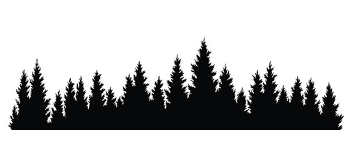 Wall Mural - Fir trees silhouettes. Coniferous spruce horizontal background patterns, black evergreen woods vector illustration. Beautiful hand drawn panorama with treetops forest. Black pine woods