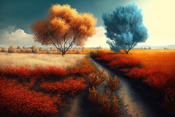 Wall Mural - Scenes from nature in the fall, including trees, pastures, and orange-hued flowers and grass Generative AI