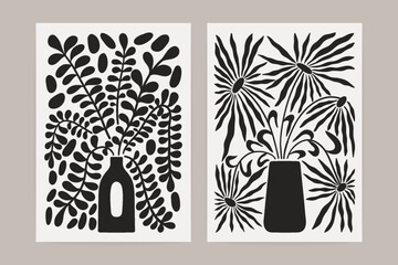 Wall Mural - Abstract flower posters. Minimal floral naive art prints Matisse inspired, doodle organic botanical elements. Vector set