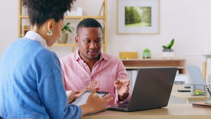 Aufkleber - Business people, tablet and laptop teamwork for training and planning in market research and online review. Professional manager or mentor talking to woman in office meeting on digital technology app