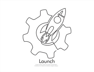 Poster - continuous line drawing of Rocket inside gear. Continuous line drawing. Startup business. Vector illustration. Isolated on white background. 