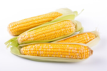 Wall Mural - Sweetcorn, corn, multiple sweetcorns on the cob on a white background, generative ai, Fresh tasty vegetables, Fresh ingredients, cooking ingredients