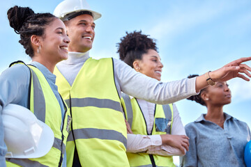 Aufkleber - Architecture, construction and happy team in the city, pointing and looking together. Smile, teamwork and group of architects admiring their work in a town, laughing and talking about a site