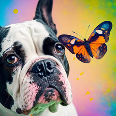 Wall Mural - Dog with a butterfly on its nose. Generative AI.