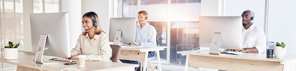 Aufkleber - Call center, banner and business people in office, coworking sales company and customer service agency. Telemarketing team working on computer for consulting, advisory help desk and telecom questions