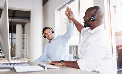 Poster - Call center, happy men and high five of teamwork, success and celebrate winning telecom deal. Motivation, telemarketing and celebration of sales target, business achievement and bonus trading goals