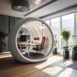 modern office pod with a monitor, desk and chair inside 