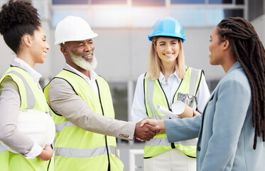 Poster - Handshake, architecture and collaboration with people on construction site for planning, engineering and deal. Designer, building and contract with contractors for teamwork, welcome and industry