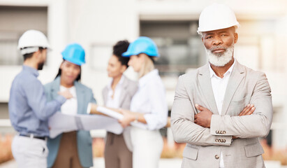 Poster - Architecture, engineer and portrait of senior black man with team for building, construction site and planning. Engineering, leadership and serious male contractor for property development inspection