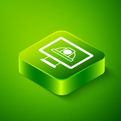 Poster - Isometric Worker safety helmet icon isolated on green background. Green square button. Vector