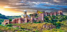 Picturesque Sunrise Over The Ancient Narikala Fortress In The City Of Tbilisi