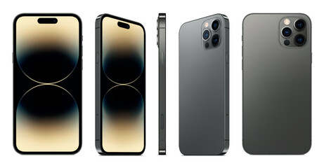 Poster - smartphone frameless grey color with colorful screen saver front and backside view isolated on white background. mockup of realistic new mobile phone with shadow. vector 3d isometric illustration