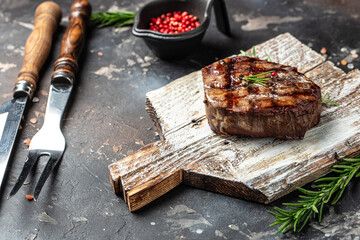 Canvas Print - Grilled fillet mignon steak on a wooden board. Restaurant menu, dieting, cookbook recipe top view